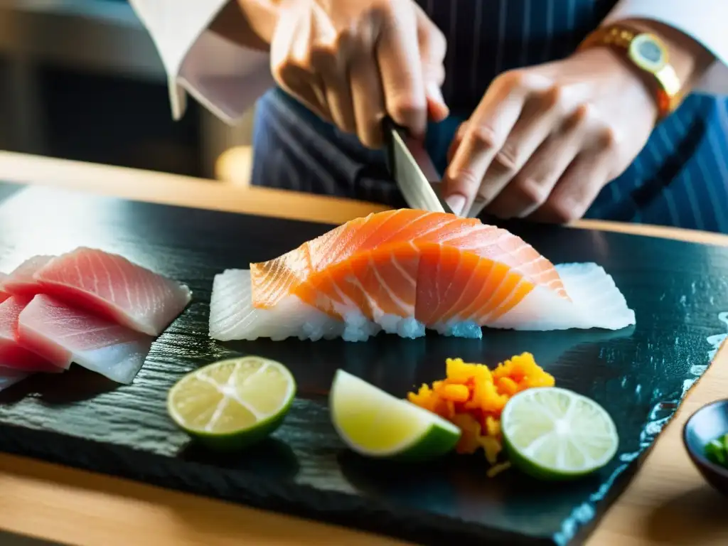 Un maestro chef japonés corta con precisión un trozo de sashimi, demostrando la influencia de la gastronomía moderna en la cocina samurái