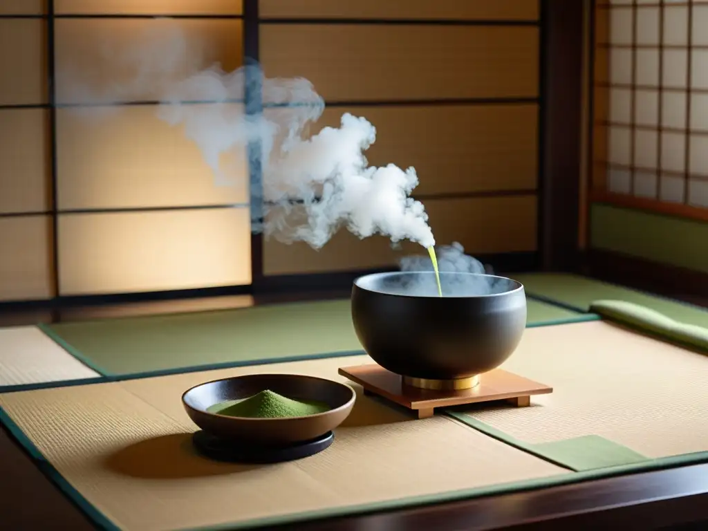 El maestro del té samurái contemporáneo prepara matcha con concentración en una elegante ceremonia japonesa en una sala de tatami serena y minimalista