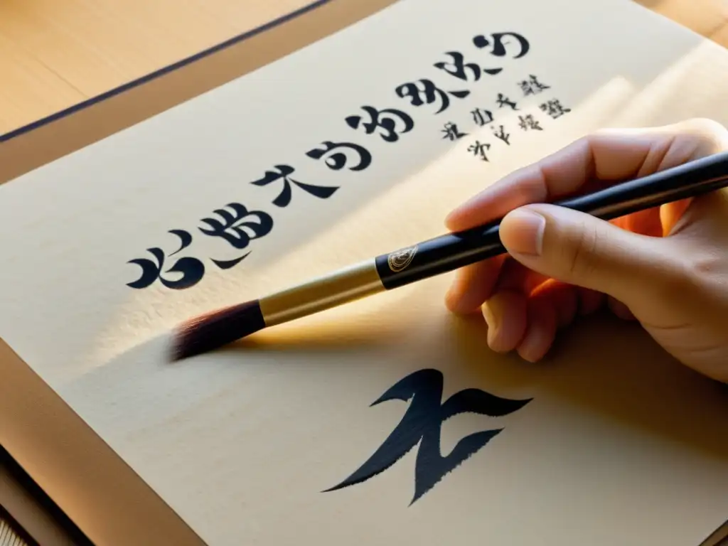 Un maestro calígrafo escribe con delicadeza caracteres japoneses en papel washi