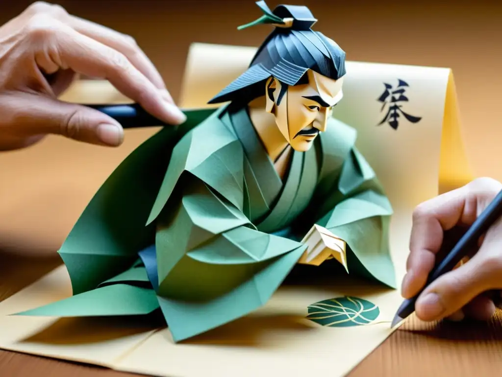 Un maestro del origami crea con destreza un guerrero samurái, mostrando la disciplina y precisión de la cultura samurái en esta antigua forma de arte