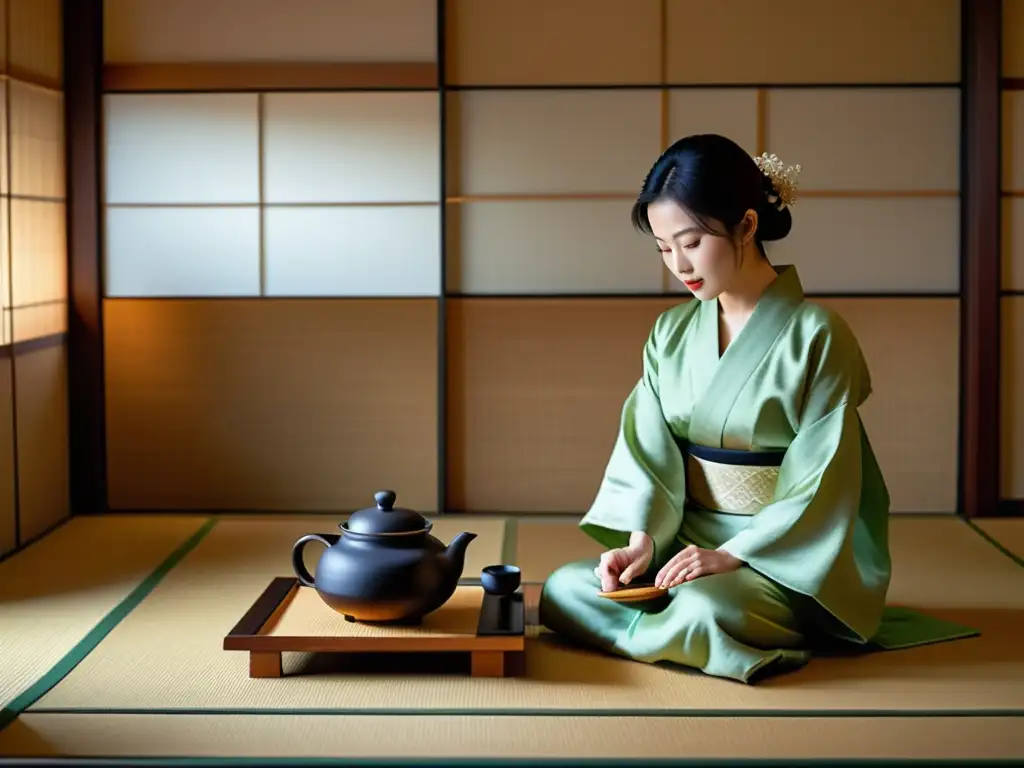 Un maestro de té realiza una elegante ceremonia en una tranquila habitación tatami, rodeado de utensilios de té artesanales