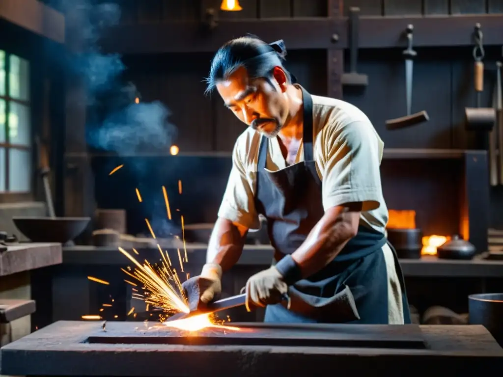 Un maestro herrero samurái forja una espada a mano en su taller, rodeado de herramientas y materiales, creando obras maestras herrería samurái