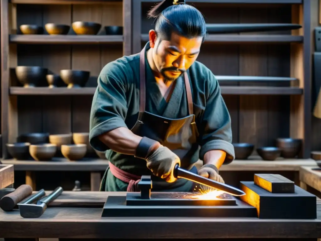 Un maestro espadero japonés martillea acero al rojo vivo en su taller, rodeado de réplicas de espadas samurái auténticas