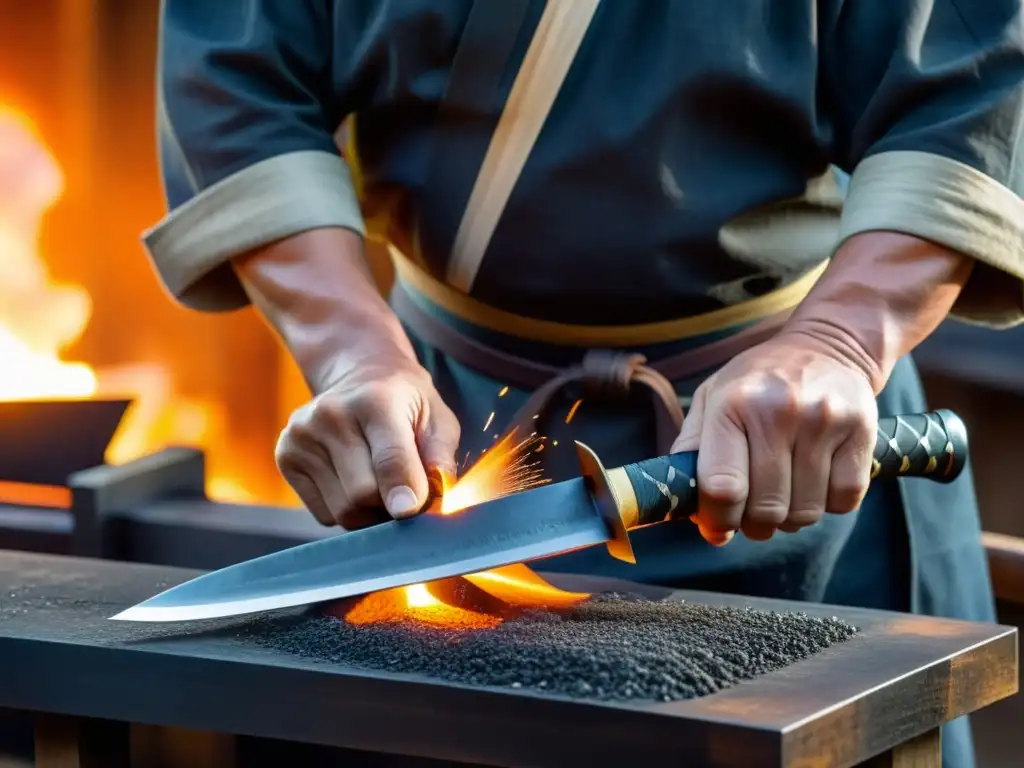 Un maestro espadero forja con maestría una auténtica katana, destacando la intensidad de la forja y los materiales exclusivos