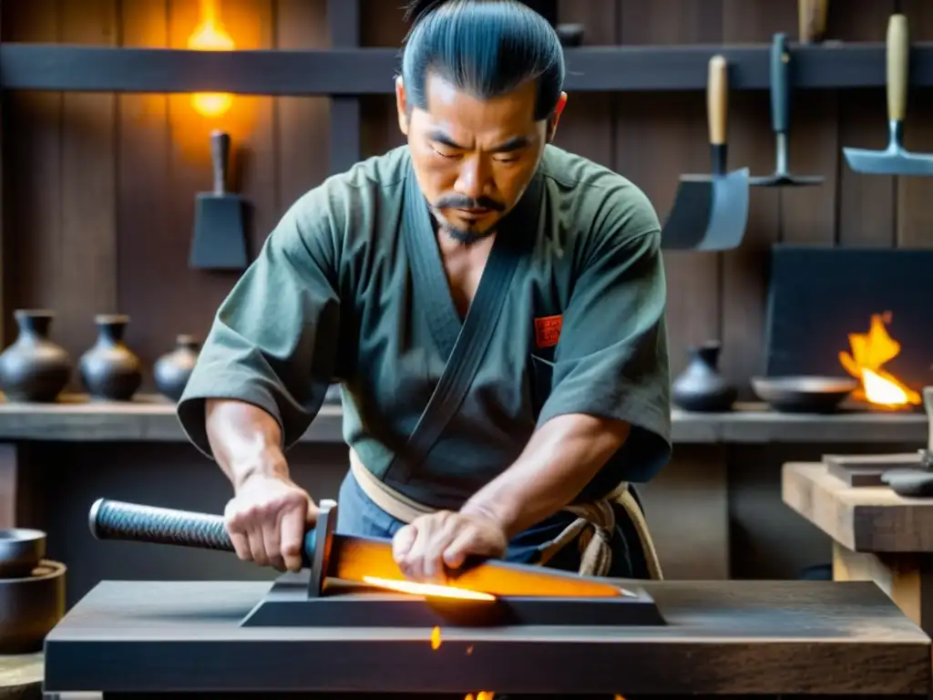 Un maestro espadero forja con precisión la belleza letal del acero samurái en su taller japonés, rodeado de herramientas tradicionales