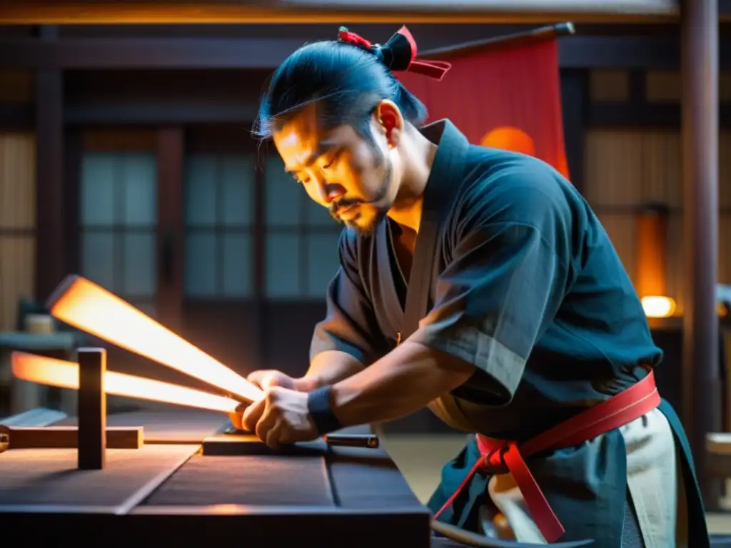 Un maestro espadero forja con cuidado el acero rojo brillante para crear una katana japonesa