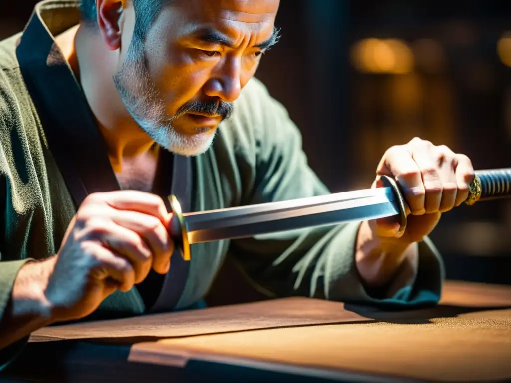 Un maestro espadero examina con cuidado una antigua katana, destacando la intrincada hoja y la artesanía del mango y la guarda