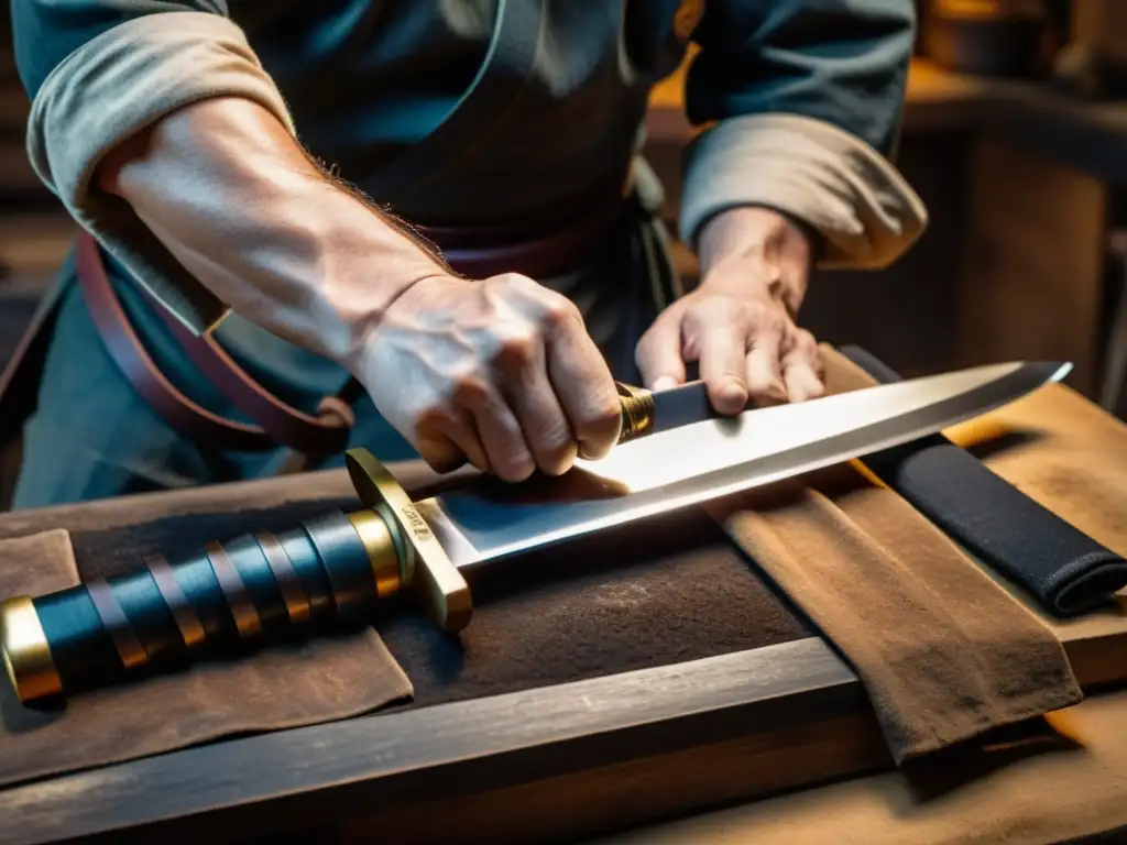 Un maestro espadero restaura con cuidado un antiguo wakizashi, iluminado por la suave luz del taller, resaltando la meticulosa restauración