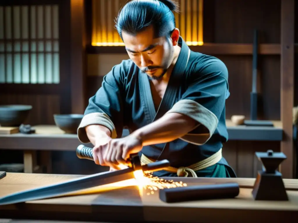 El maestro espadero forja con cuidado y precisión capas de acero para crear la hoja de una tradicional katana japonesa