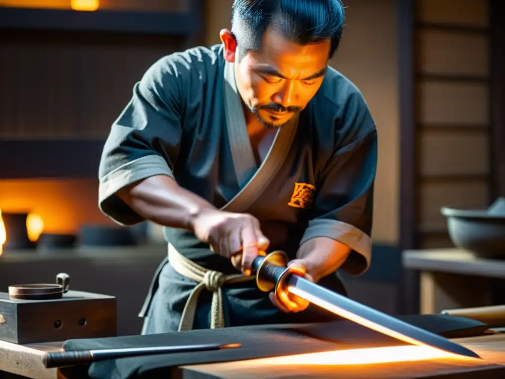 Un maestro espadero forja con cuidado y destreza una katana japonesa en una tenue fragua, destacando las técnicas mantenimiento katana samurai