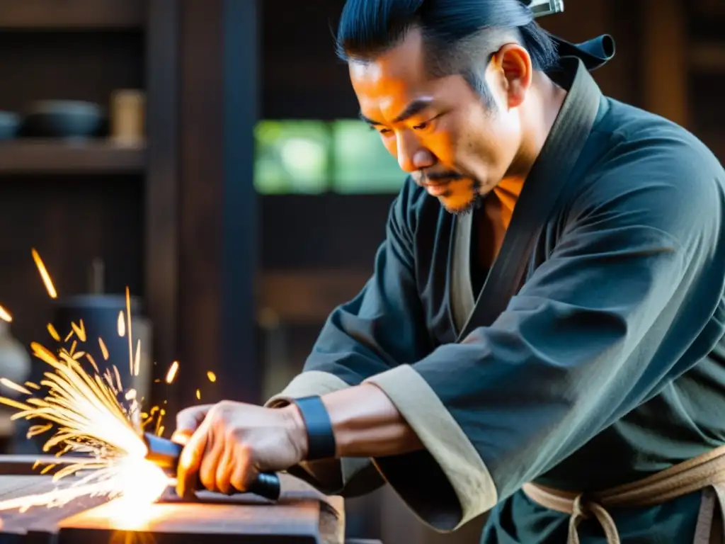 Un maestro espadero forja con cuidado una katana samurái en su taller, con chispas volando y un ambiente de reverencia