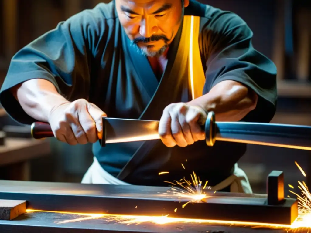 Un maestro espadero forja con cuidado una réplica decorativa de espada samurái, con chispas volando mientras moldea el metal con maestría artesanal