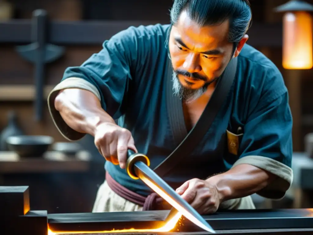 Maestro espadero restaurando con cuidado un wakizashi antiguo, mostrando la artesanía y precisión de la restauración