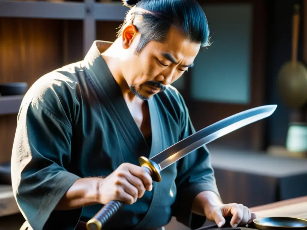 Un maestro espadero examina con delicadeza la hoja de una katana tradicional, revelando el fascinante patrón del acero