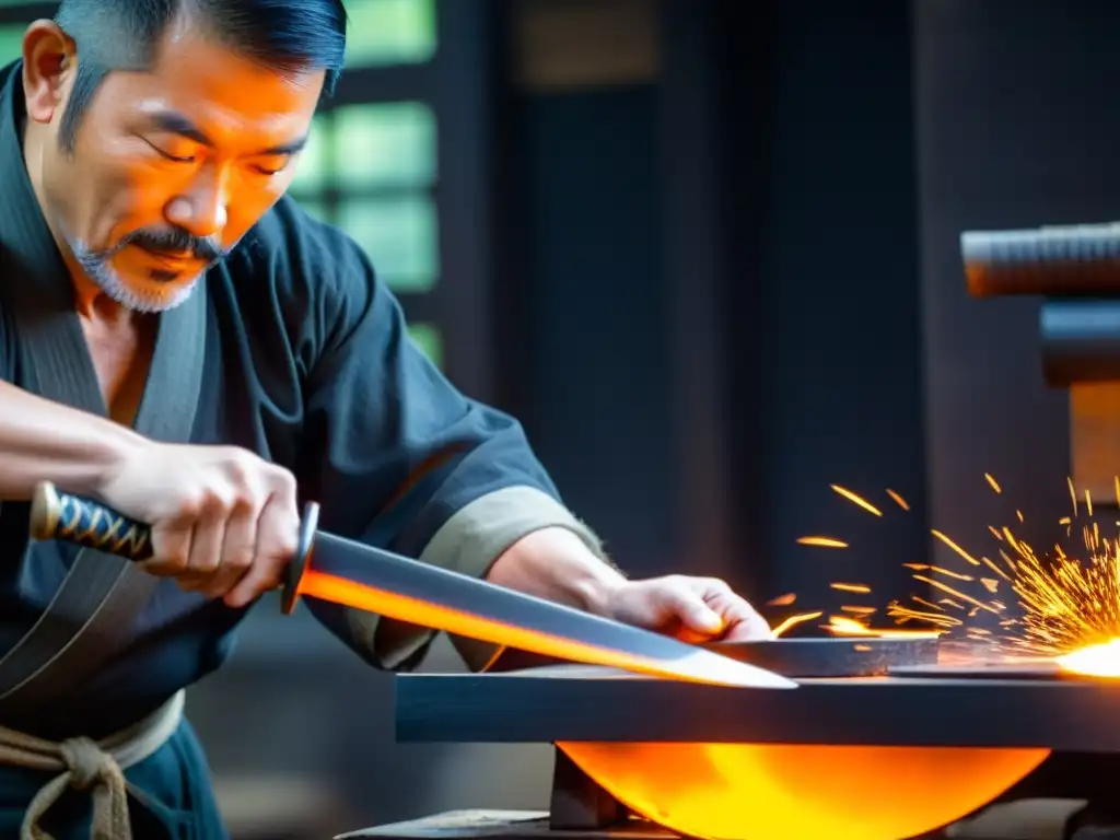 El maestro espadero forja con destreza una katana samurái en su taller, destacando el arte de forjar katanas samurái con reverencia y autenticidad