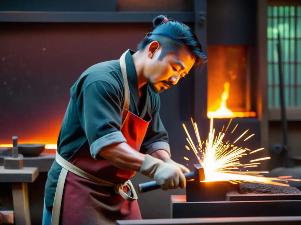 Un maestro espadero forja con destreza una katana, creando patrones intrincados en el metal mientras brilla intensamente