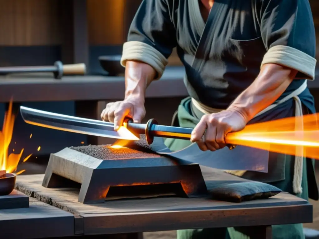 Un maestro espadero forja con destreza una katana samurái, inmerso en la antigua artesanía