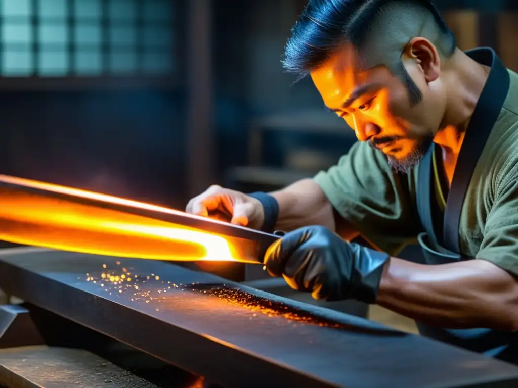 Un maestro espadero forja con destreza una katana japonesa, creando un arma legendaria con técnicas de arte milenario forjado katanas