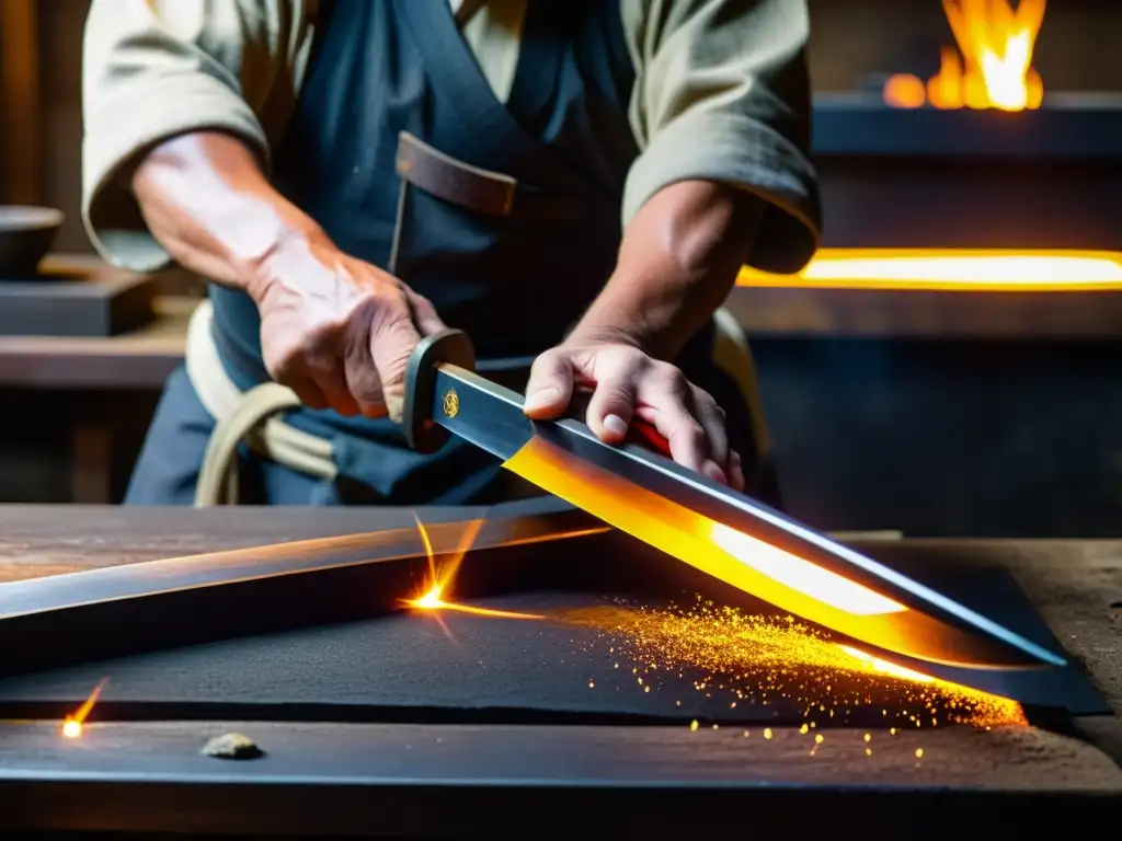 Un maestro espadero forja con destreza una katana samurái, destacando el arte de forjar katanas samurái en un taller lleno de chispas y calor