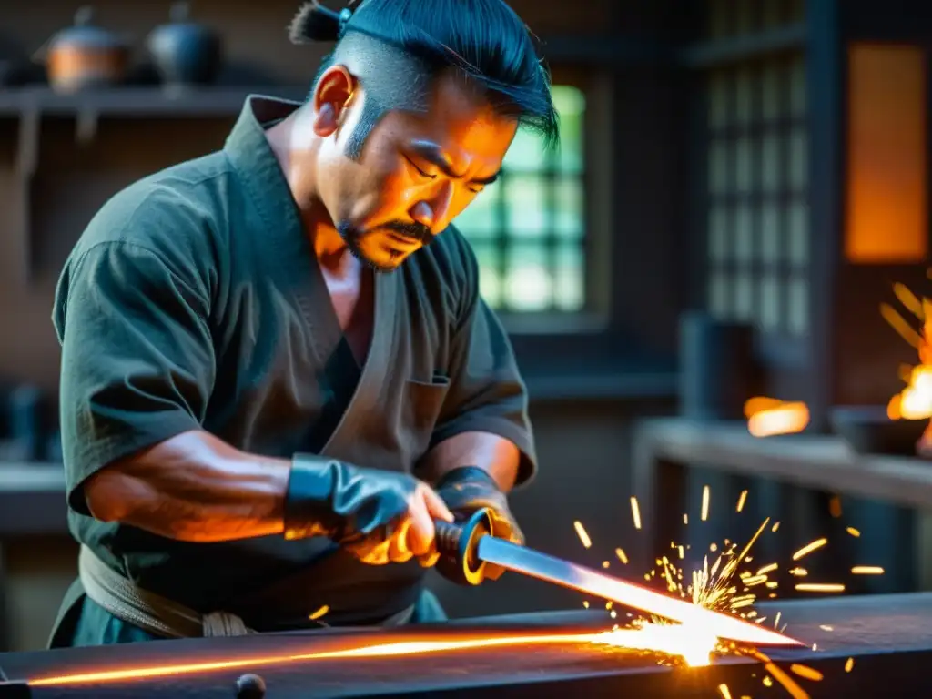 Un maestro espadero forja con equilibrio, flexibilidad y destreza una katana, en su taller iluminado por chispas voladoras