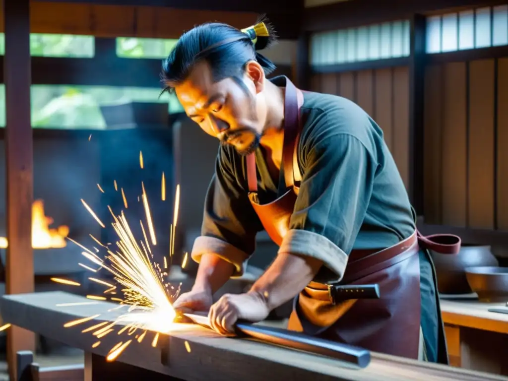 Un maestro espadero crea con esmero un Wakizashi en su taller tradicional japonés, destacando el proceso creación Wakizashi auténtico