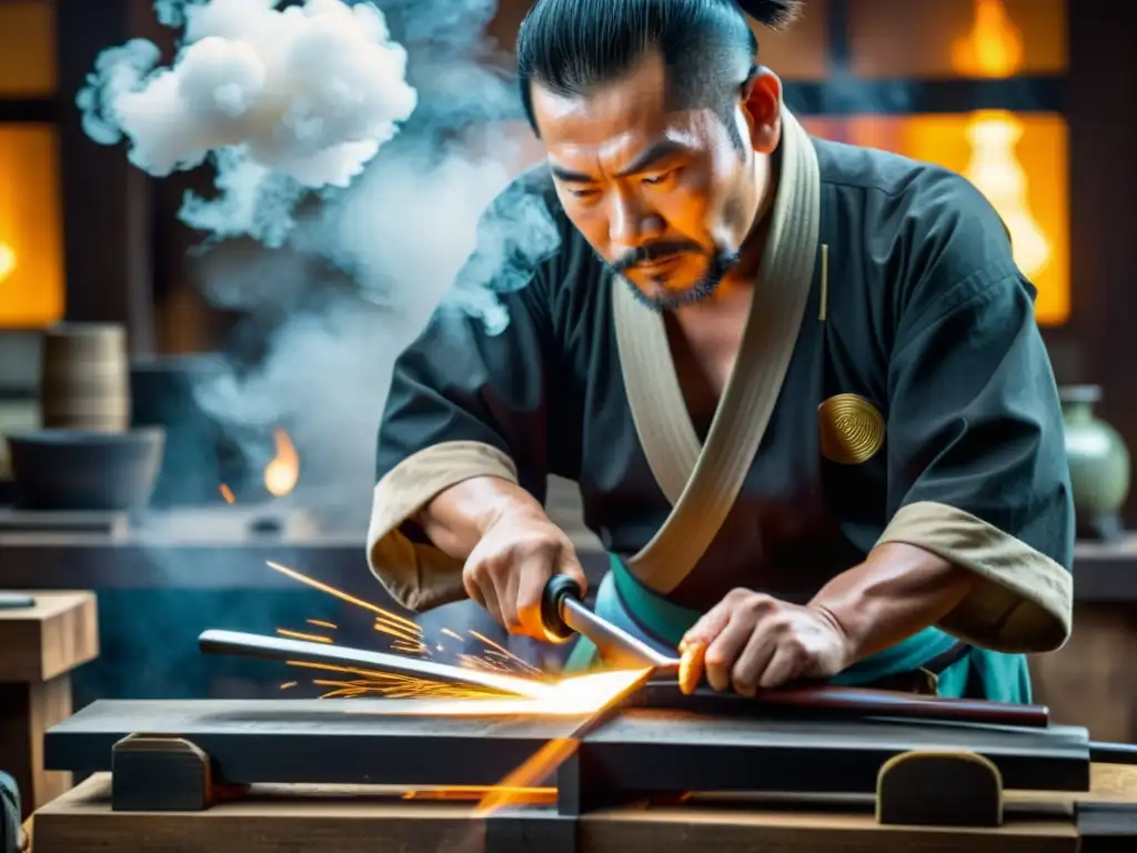 Un maestro espadero forja una espada samurái con destreza frente a nubes de vapor, capturando la esencia de la antigua arte del Nihonto