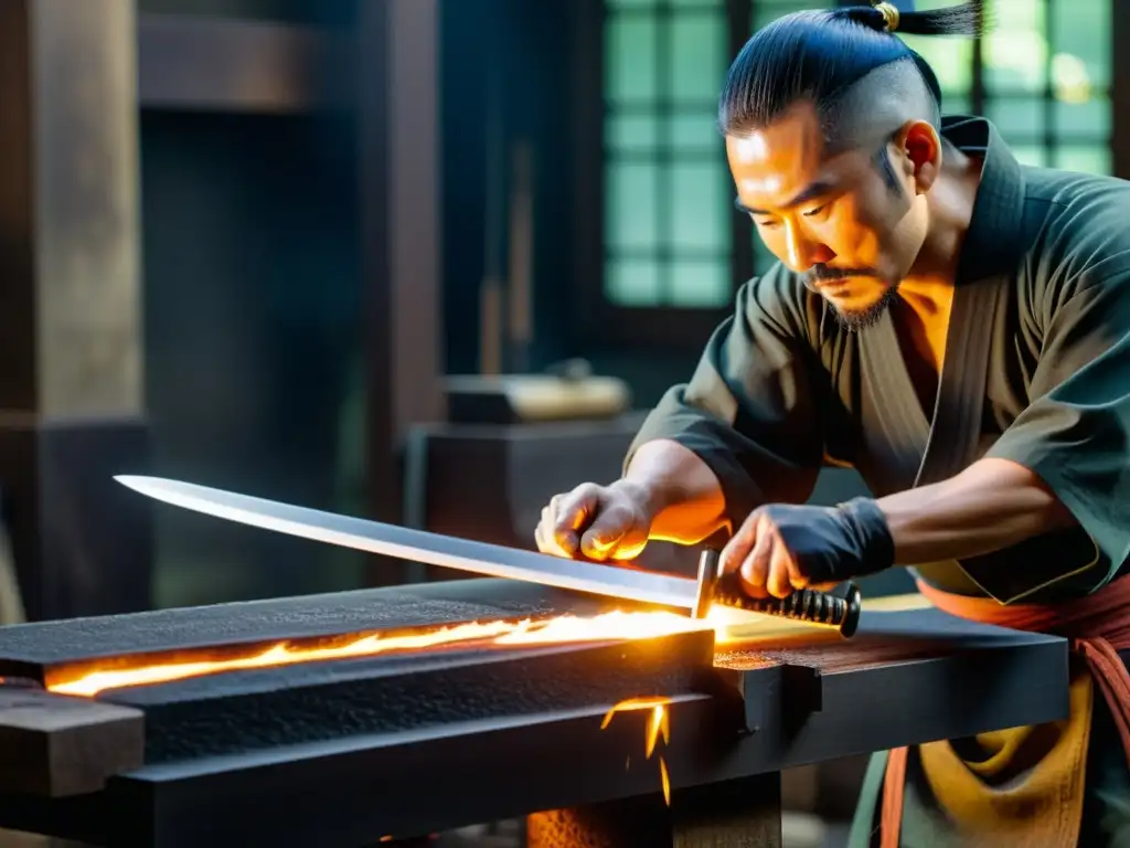 El maestro espadero forja una espada samurái Hattori Hanzo en su fragua, mostrando su arte milenario