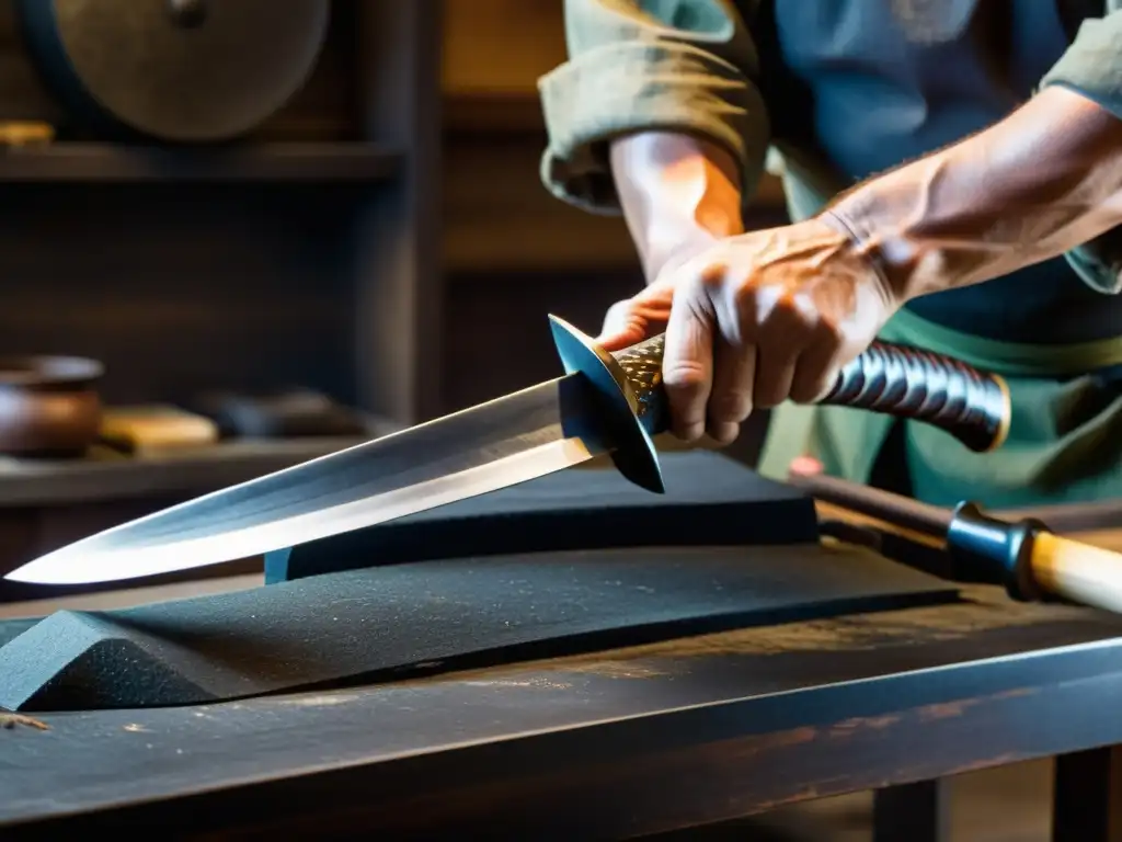 Un maestro espadero forja con precisión la icónica hoja de una katana japonesa, resaltando la artesanía y tradiciones centenarias