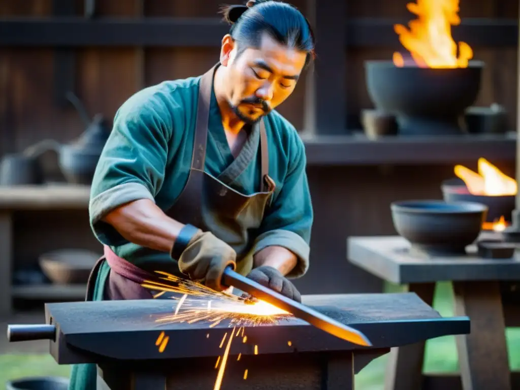 Un maestro espadero japonés forja con precisión un wakizashi, con chispas volando y patrones intrincados emergiendo en el metal