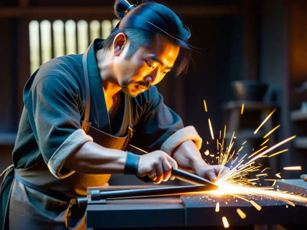 El maestro espadero japonés forja con cuidado una espada samurái en su taller, en un proceso paso a paso de forja