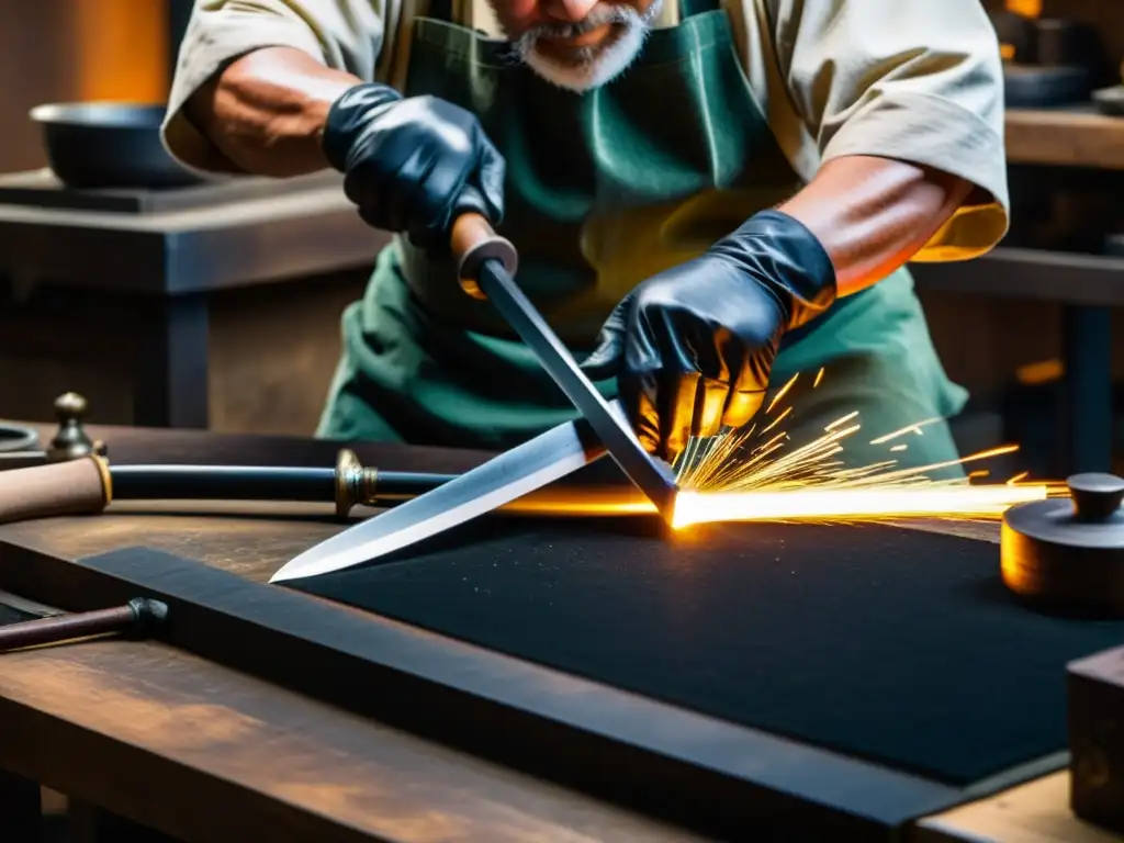 Un maestro espadero japonés crea con destreza una espada samurái, iluminado por la tenue luz del taller