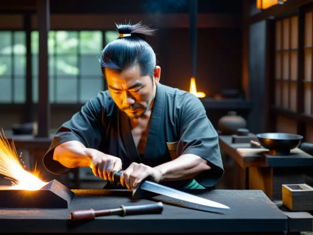 Un maestro espadero japonés forjando una espada samurái en un taller tradicional, rodeado de herramientas antiguas en un ambiente atmosférico