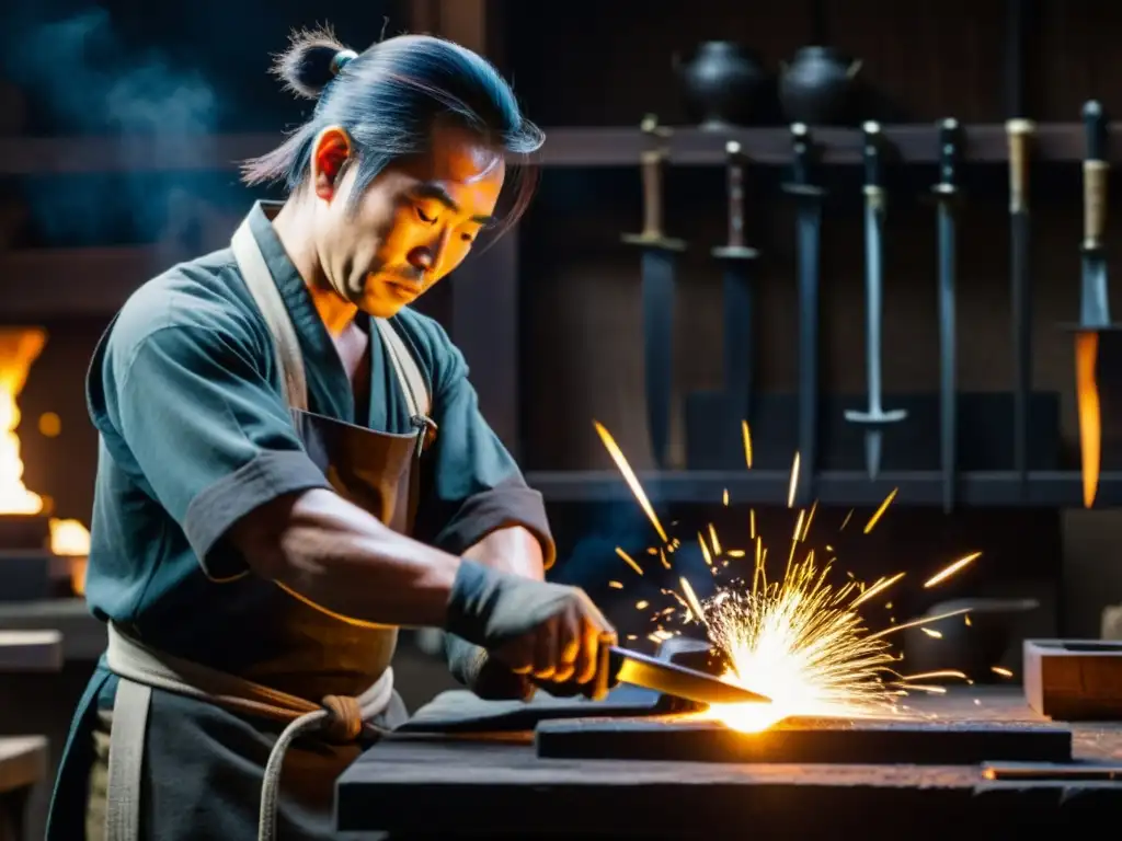 Un maestro espadero japonés forja con maestría una espada samurái en un taller tenue, creando una obra de arte con metalurgia ancestral