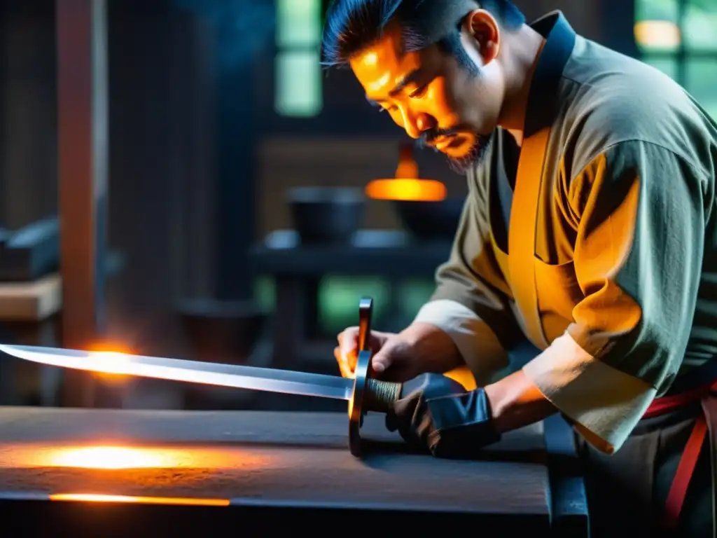 Un maestro espadero japonés experto en técnicas de forjado de katanas samurái moldea hábilmente el acero caliente, creando patrones intrincados en la hoja, en un taller lleno de la intensa luz naranja de la fragua