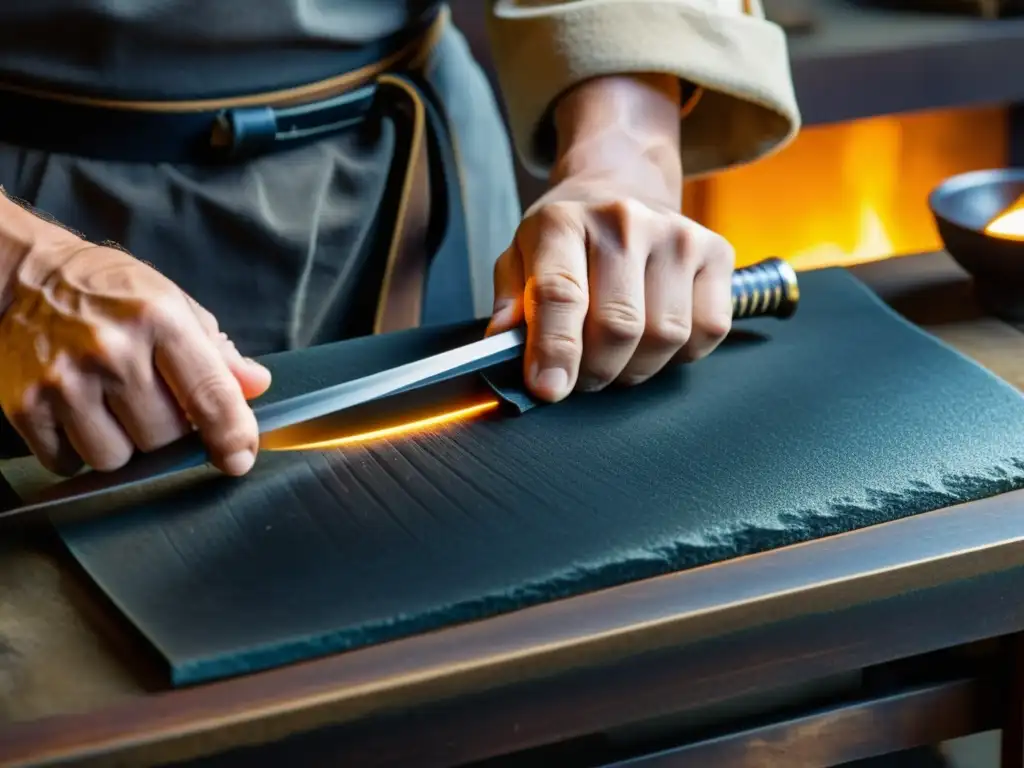 Un maestro espadero japonés experto afila con precisión una katana, mostrando las técnicas samurái para afilar katana