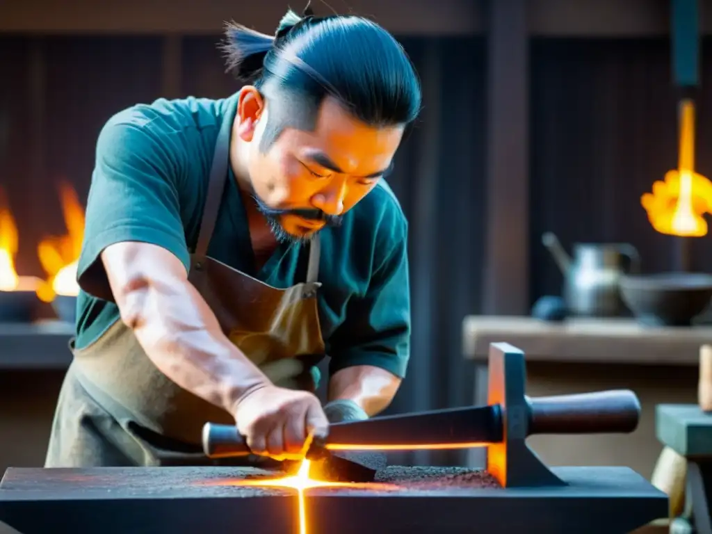 Un maestro espadero japonés preserva ancestralmente el filo samurái con precisión y dedicación en su fragua iluminada