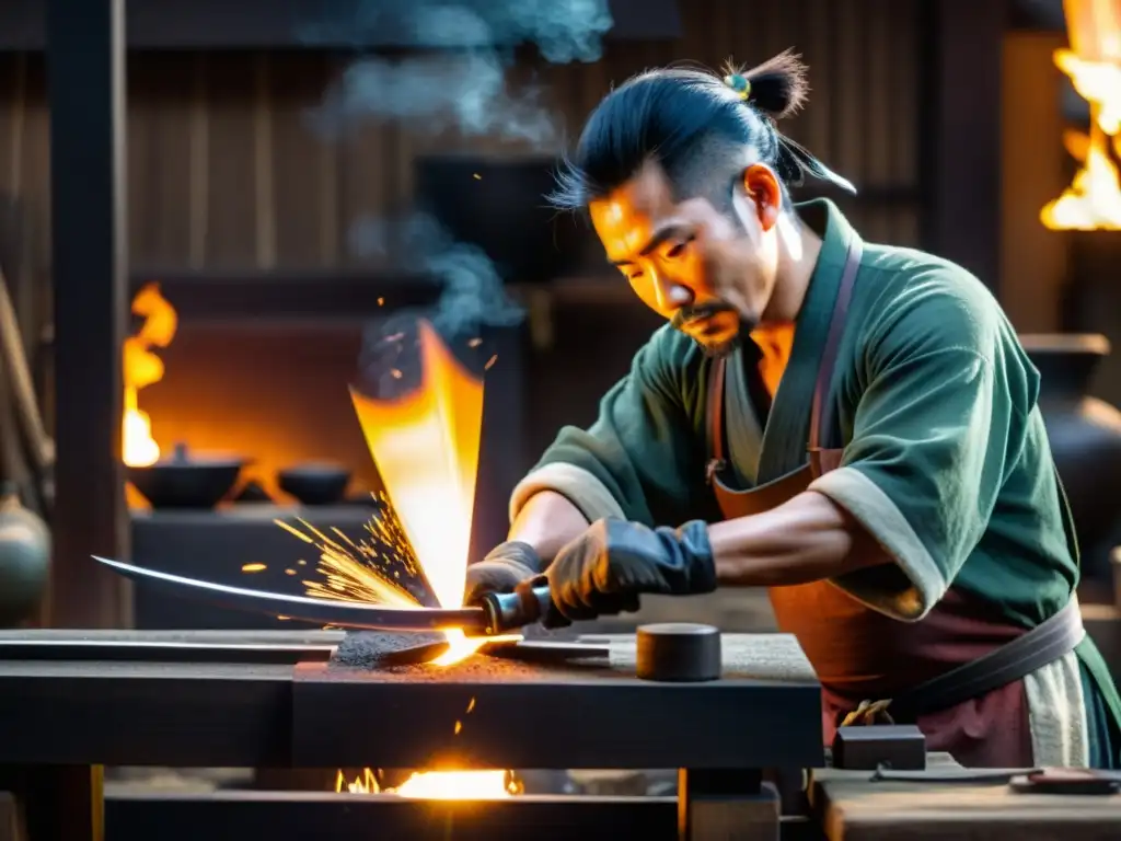 Un maestro espadero japonés forja una hoja de katana, en una escena que emana la filosofía de la espada samurái