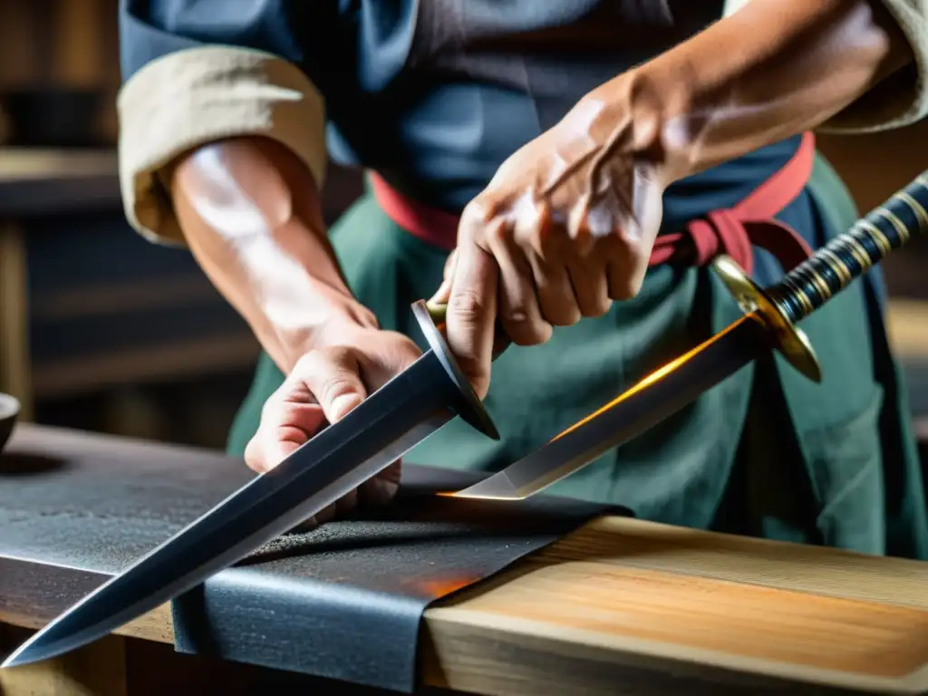 Un maestro espadero japonés forja una hoja de katana con precisión y destreza, capturando la metalurgia en las espadas samurai