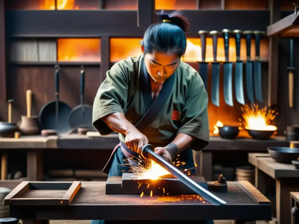 El maestro espadero japonés forja una katana samurai en su taller rústico, evocando la evolución de la katana samurai con precisión ancestral