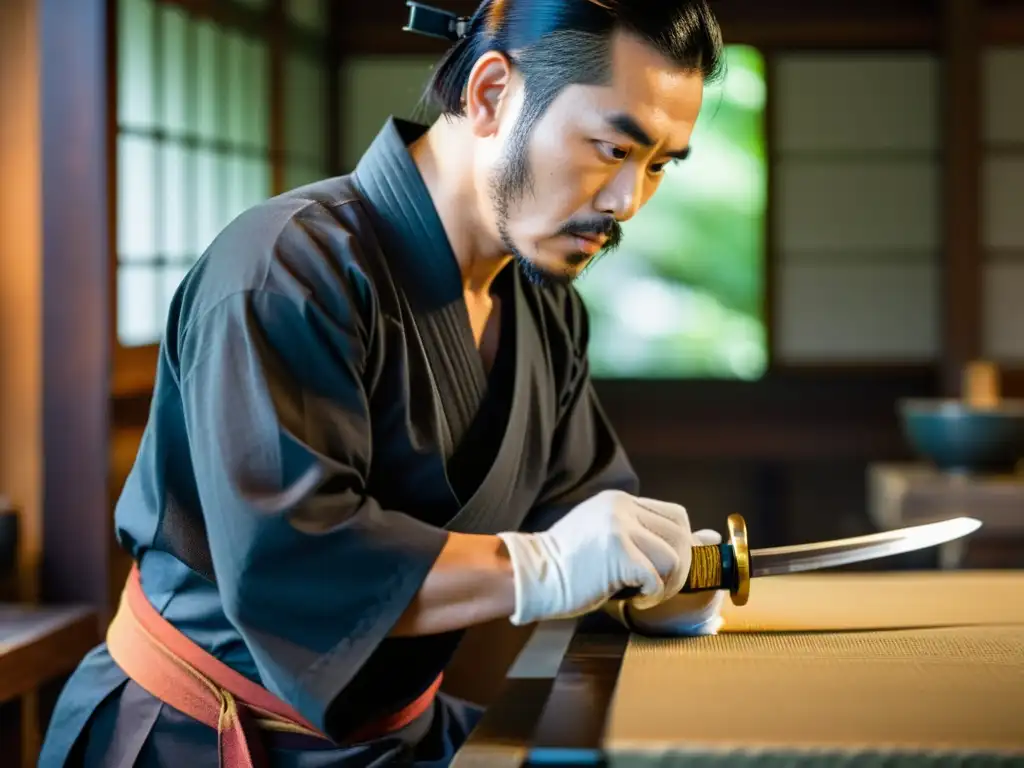 Un maestro espadero japonés puliendo una katana, fusionando tradición e innovación en el mantenimiento de katanas contemporáneo