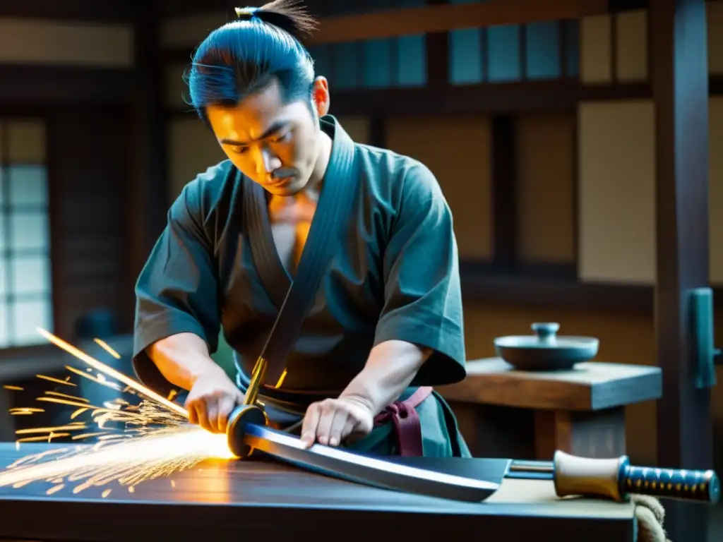 Un maestro espadero japonés afila meticulosamente una katana, con chispas volando mientras la hoja es cuidadosamente perfeccionada