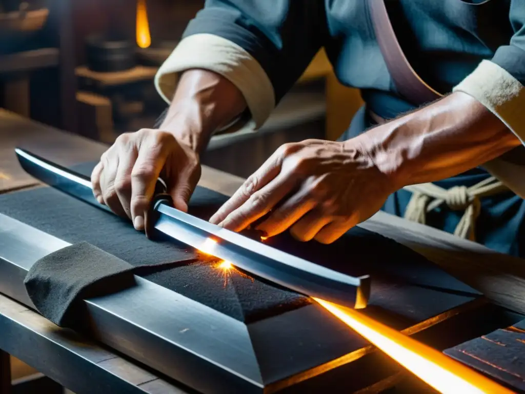 Un maestro espadero japones forja con maestría una katana, fusionando tecnología y tradición en su taller