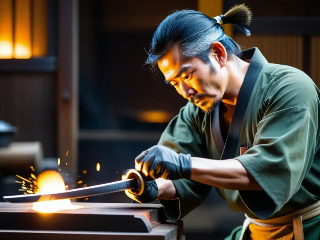 Un maestro espadero japonés forja una katana tradicional en un proceso completo de creación