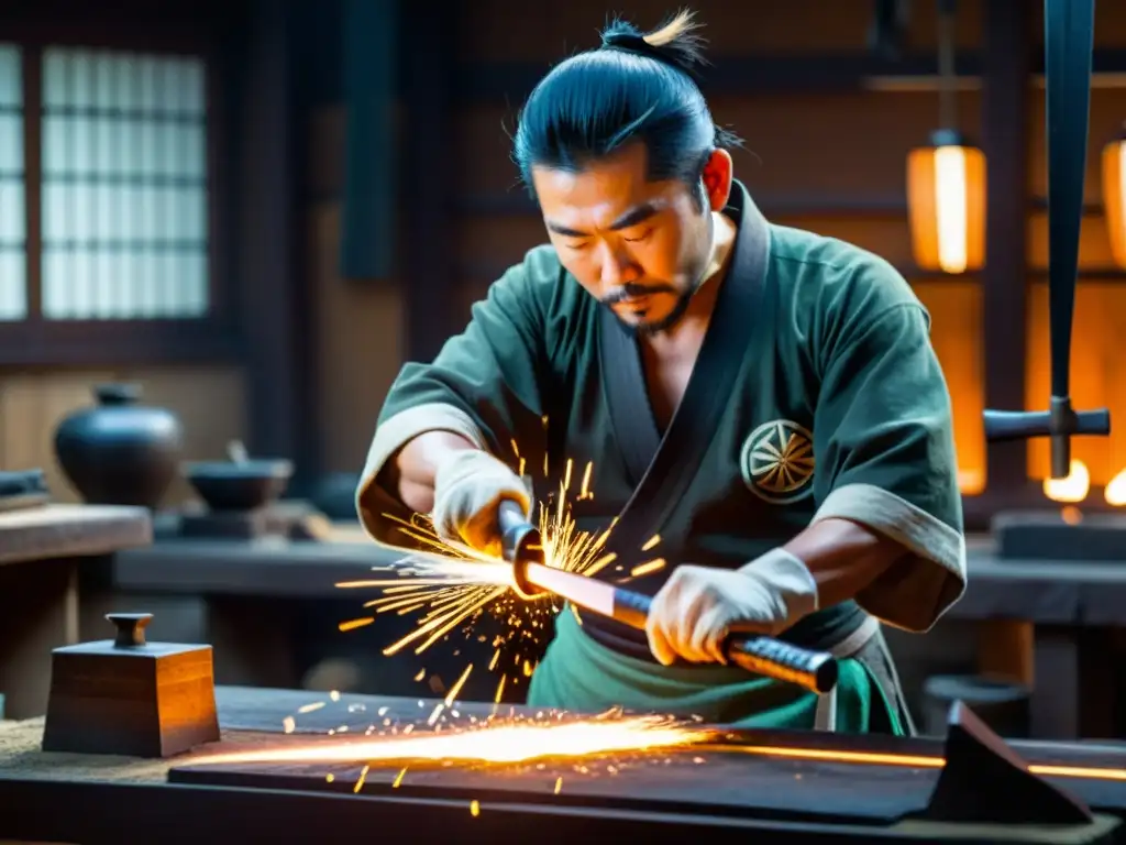 Un maestro espadero japonés forja una katana en su taller, rodeado de chispas y tradición