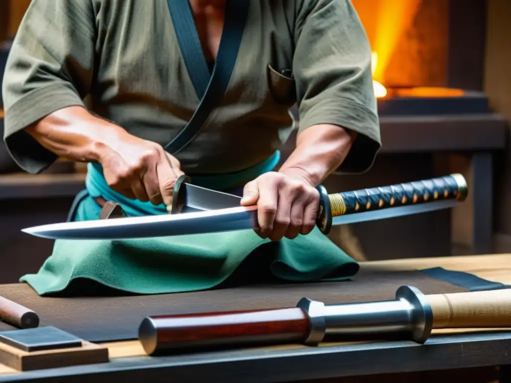 Un maestro espadero japonés meticulosamente forja una katana samurái, mostrando las técnicas de combate con katana samurái en acción