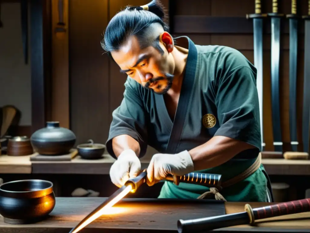 Un maestro espadero japonés forja una katana en su taller