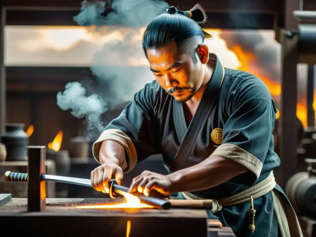 Un maestro espadero japonés forjando una katana con técnicas tradicionales, rodeado de la luz del horno y nubes de vapor