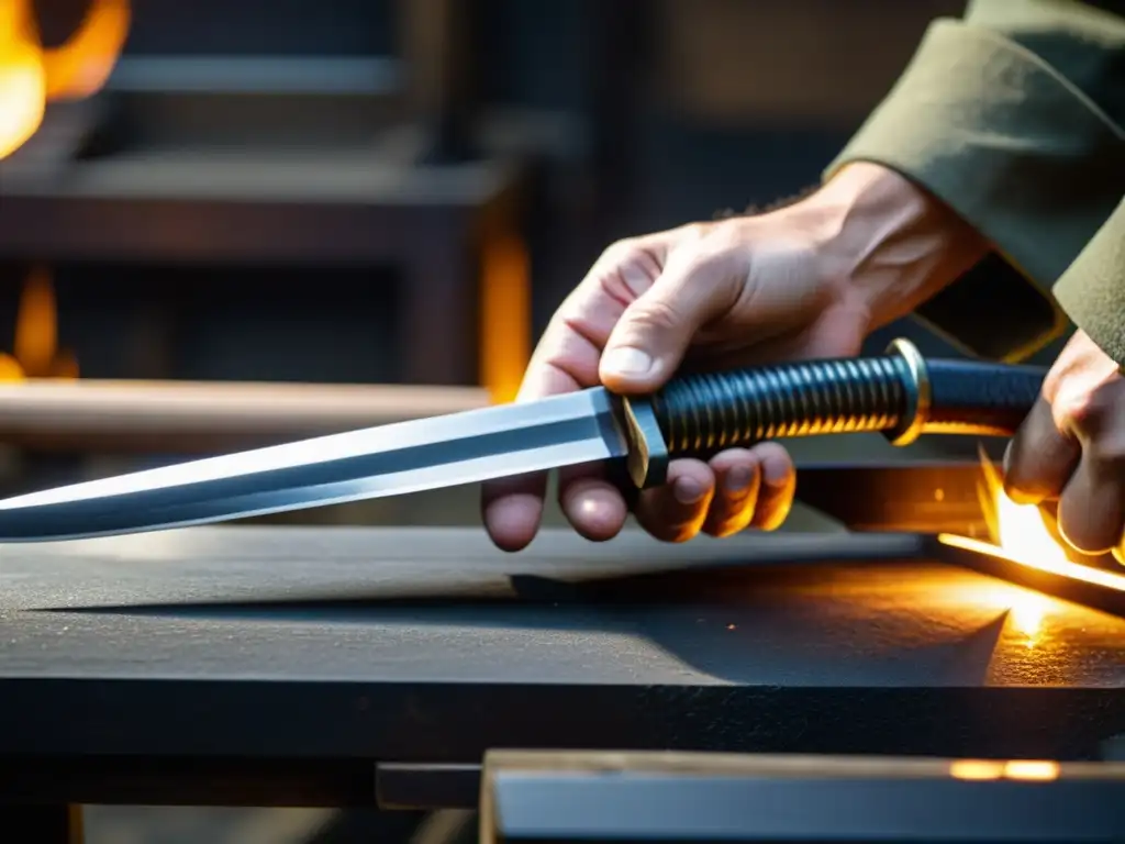 Un maestro espadero japonés puliendo una katana ceremonial, mostrando los intrincados detalles del acero y la atmósfera serena de su taller