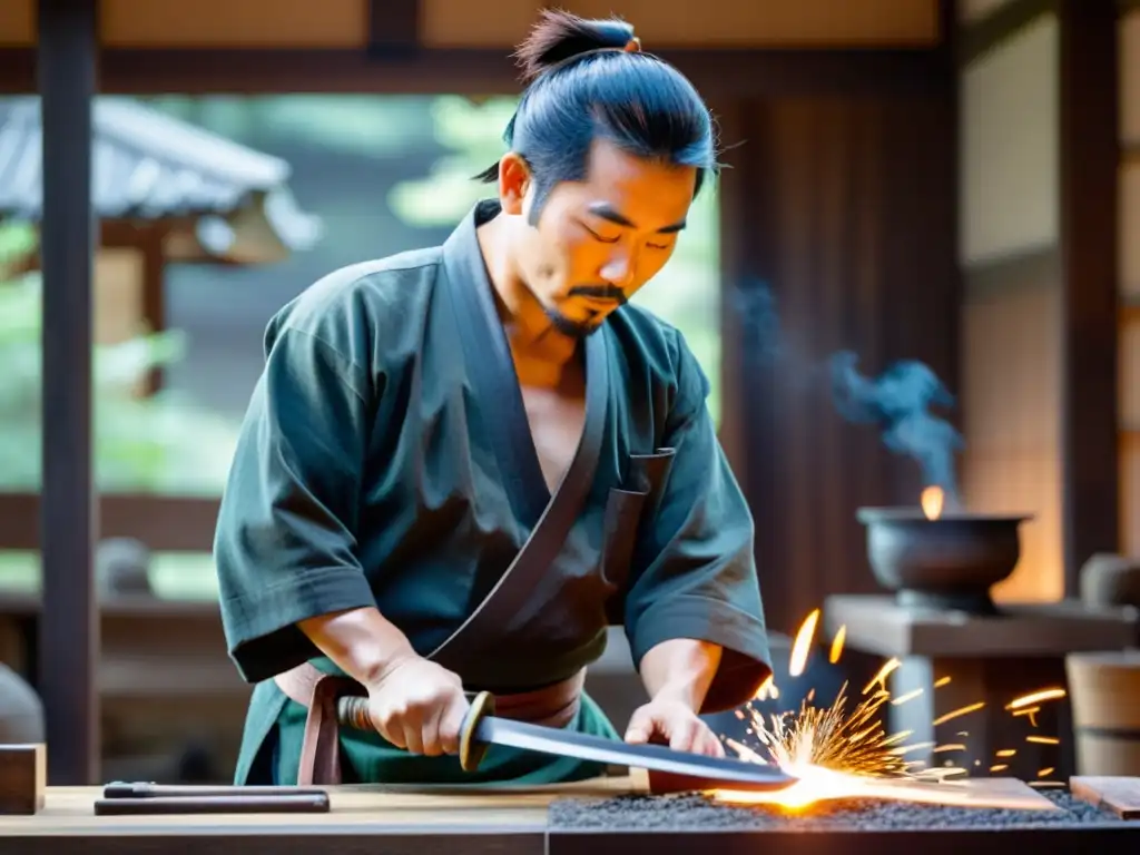 Un maestro espadero japonés forja una katana con técnicas de fabricación acero samurái, mientras las chispas vuelan en su taller tradicional