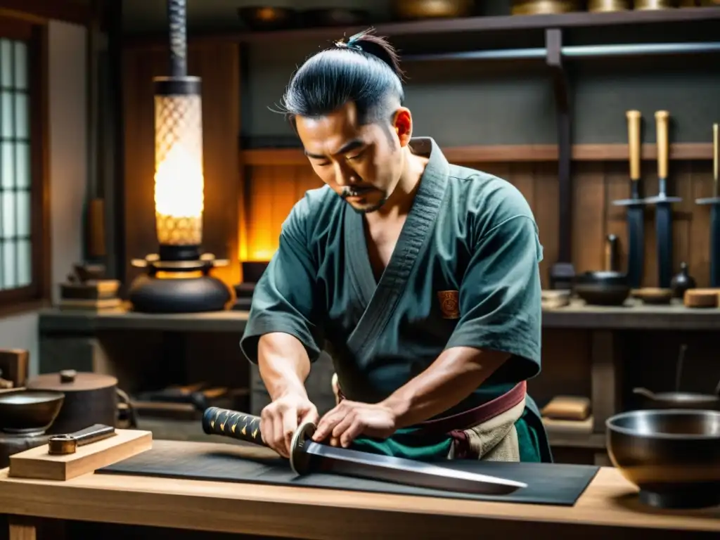 Un maestro espadero japonés forja una katana en su taller, destacando las técnicas de mantenimiento de la espada samurái